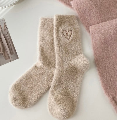 Beige Heart Fuzzy Socks